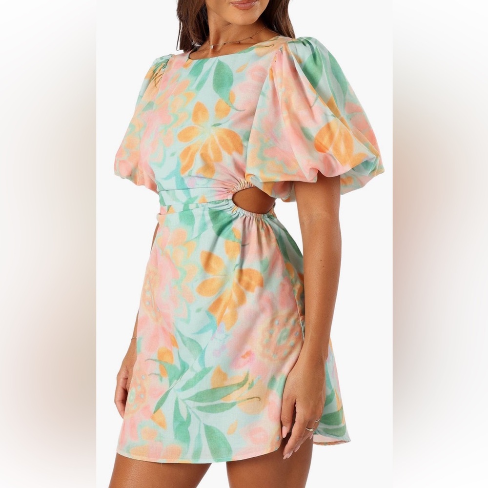 Petal & Pup Pastel Floral Puff-Sleeve Cutout Mini Dress - Mint, Peach